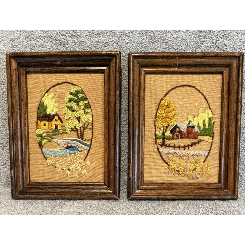 Vintage Embroidered  2 pc Country Landscape Custom Made Framed Wall Art Seasons